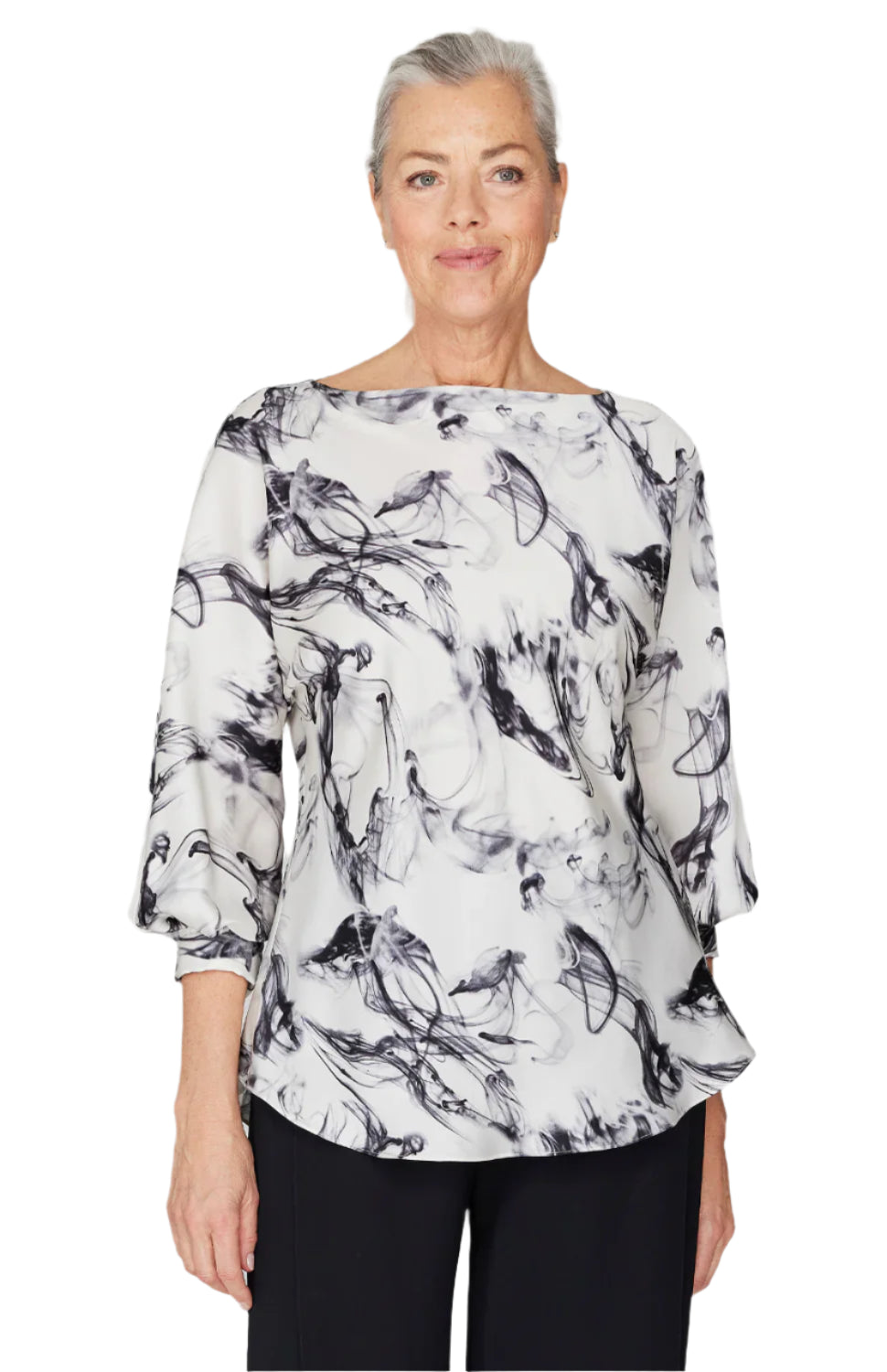 Ink Print Satin Dolman Sleeve Bias Blouse