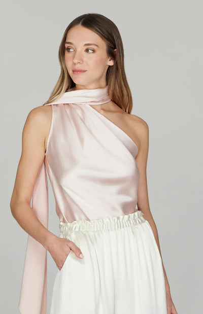 Satin One Shoulder Bias Top w/Scarf in Steel Blue