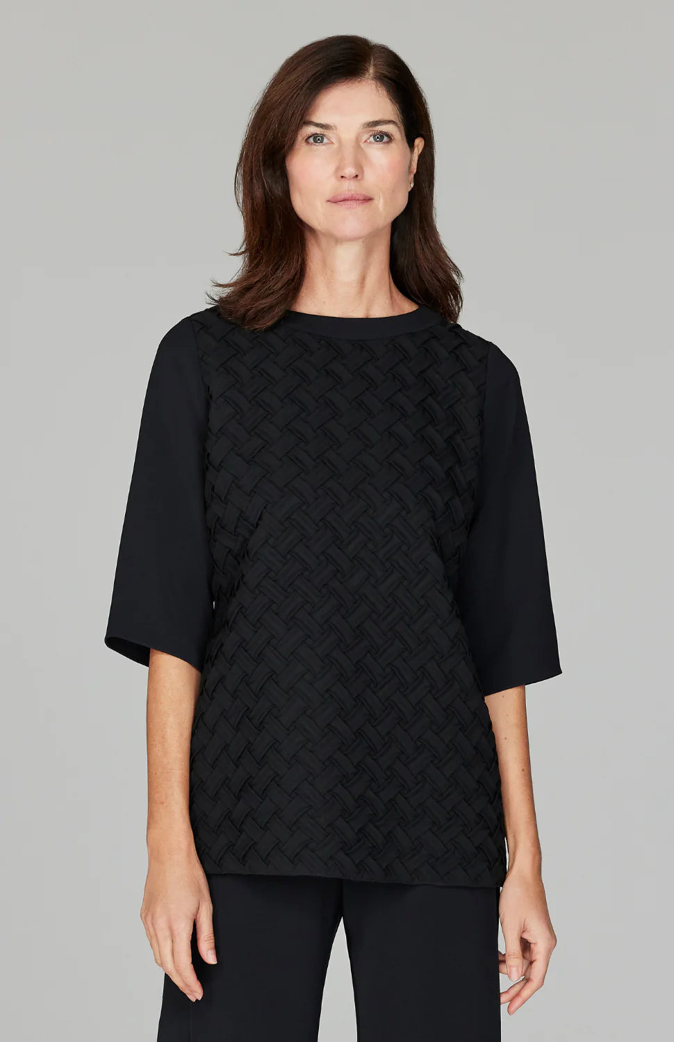 Lattice Smocking 3/4 Sleeve Blouse in Black