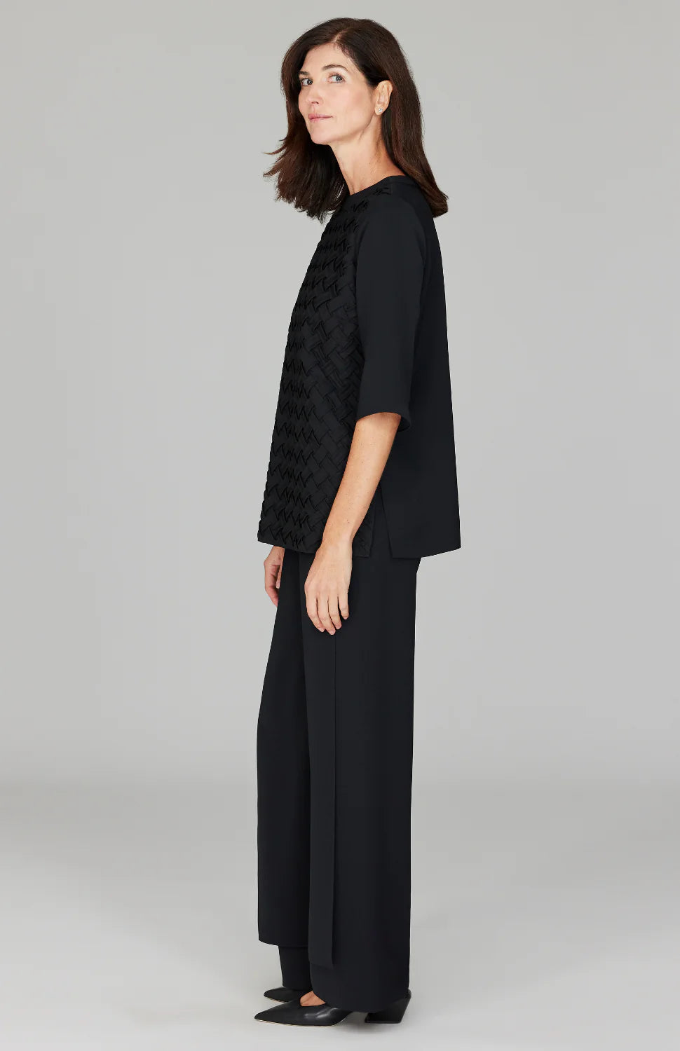 Lattice Smocking 3/4 Sleeve Blouse in Black