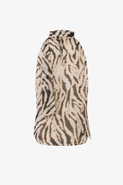 Printed Sleeveless Blouse with Scarf in Beige Black
