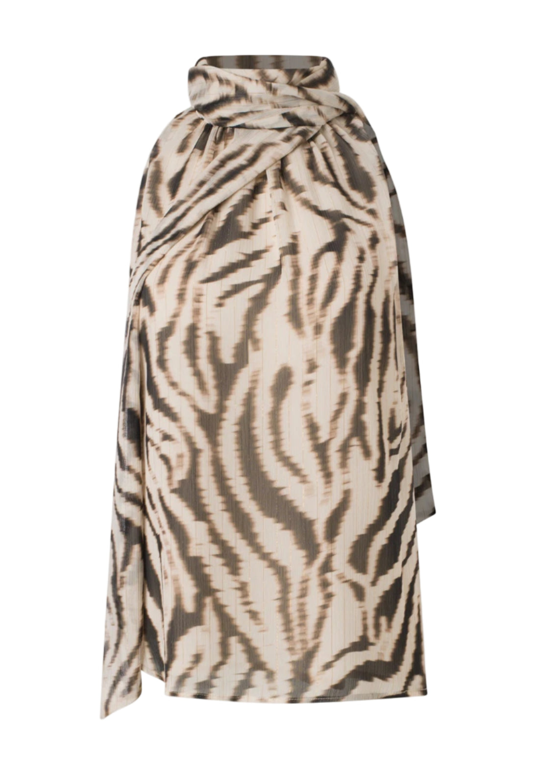 Printed Sleeveless Blouse with Scarf in Beige Black