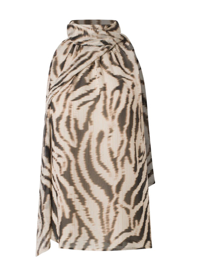 Printed Sleeveless Blouse with Scarf in Beige Black