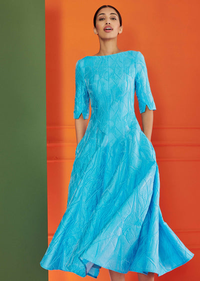 Mikado Jacquard 3/4 Sleeve Dress in Turquoise