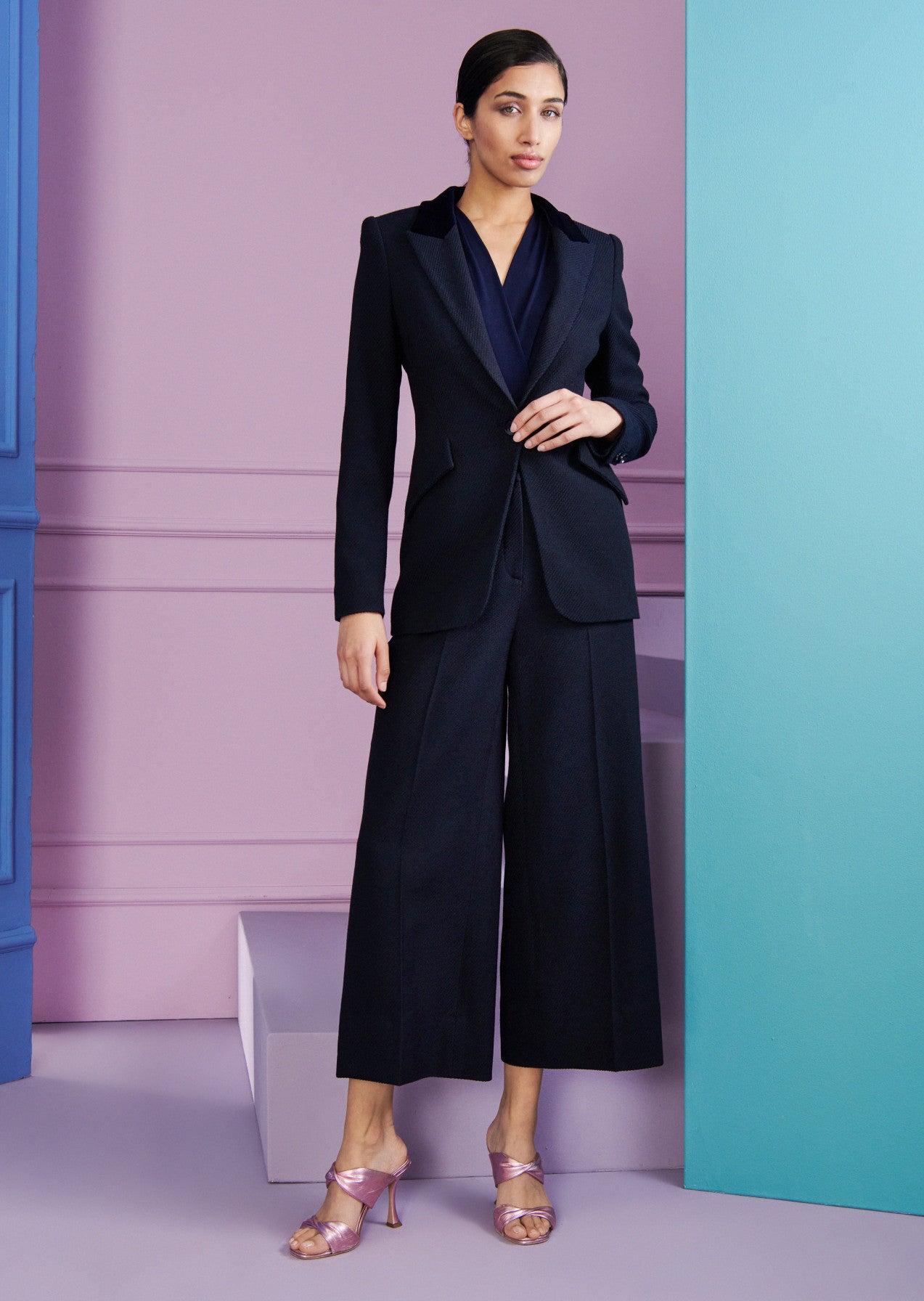 Blazer with Velvet Collar - Navy