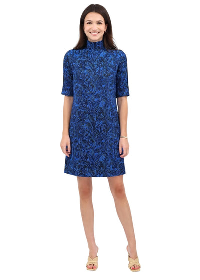 Paisley Stretch Jacquard Turtleneck Shift Dress w/ Bias