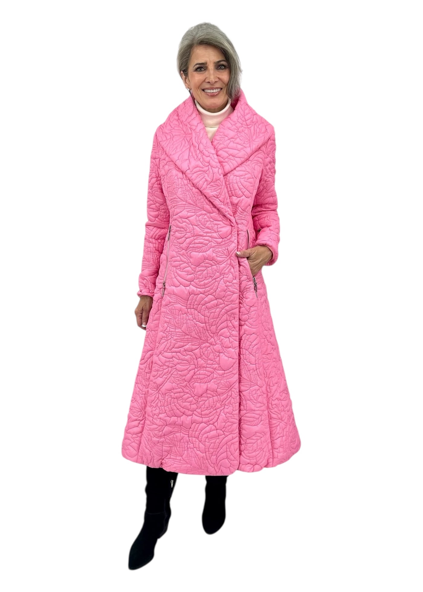 Rose Garden Quilted Coat w/ Shawl Collar and Detachable Hood in Light Pink