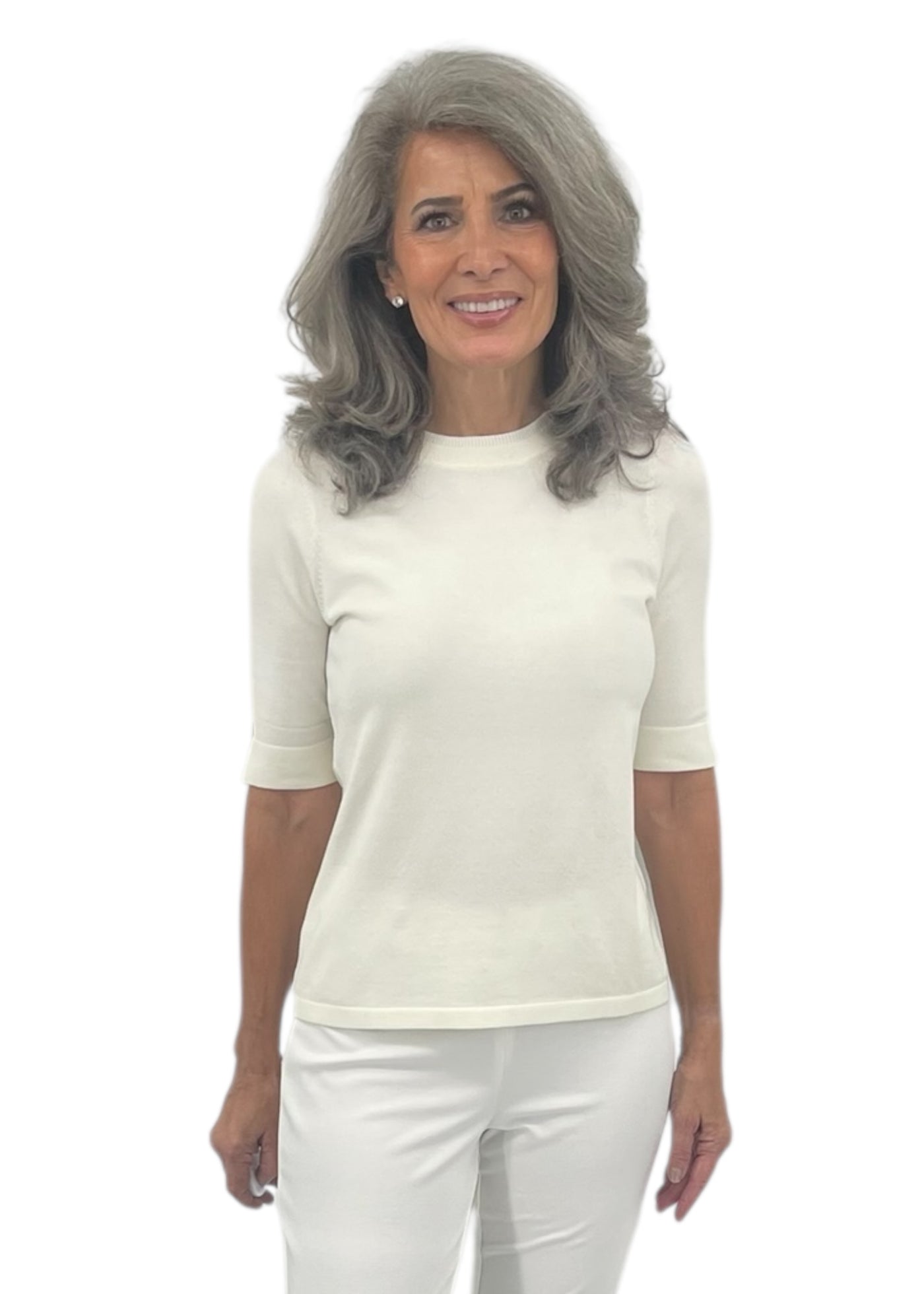 Elbow Sleeve Crewneck Sweater in Ivory