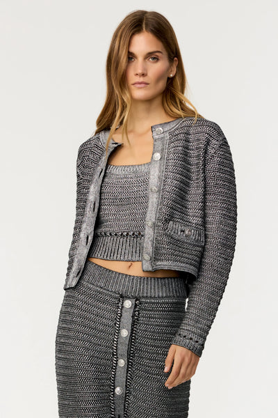Cecilia Textured Cotton Knit Jacket in Jet/Silver Foil