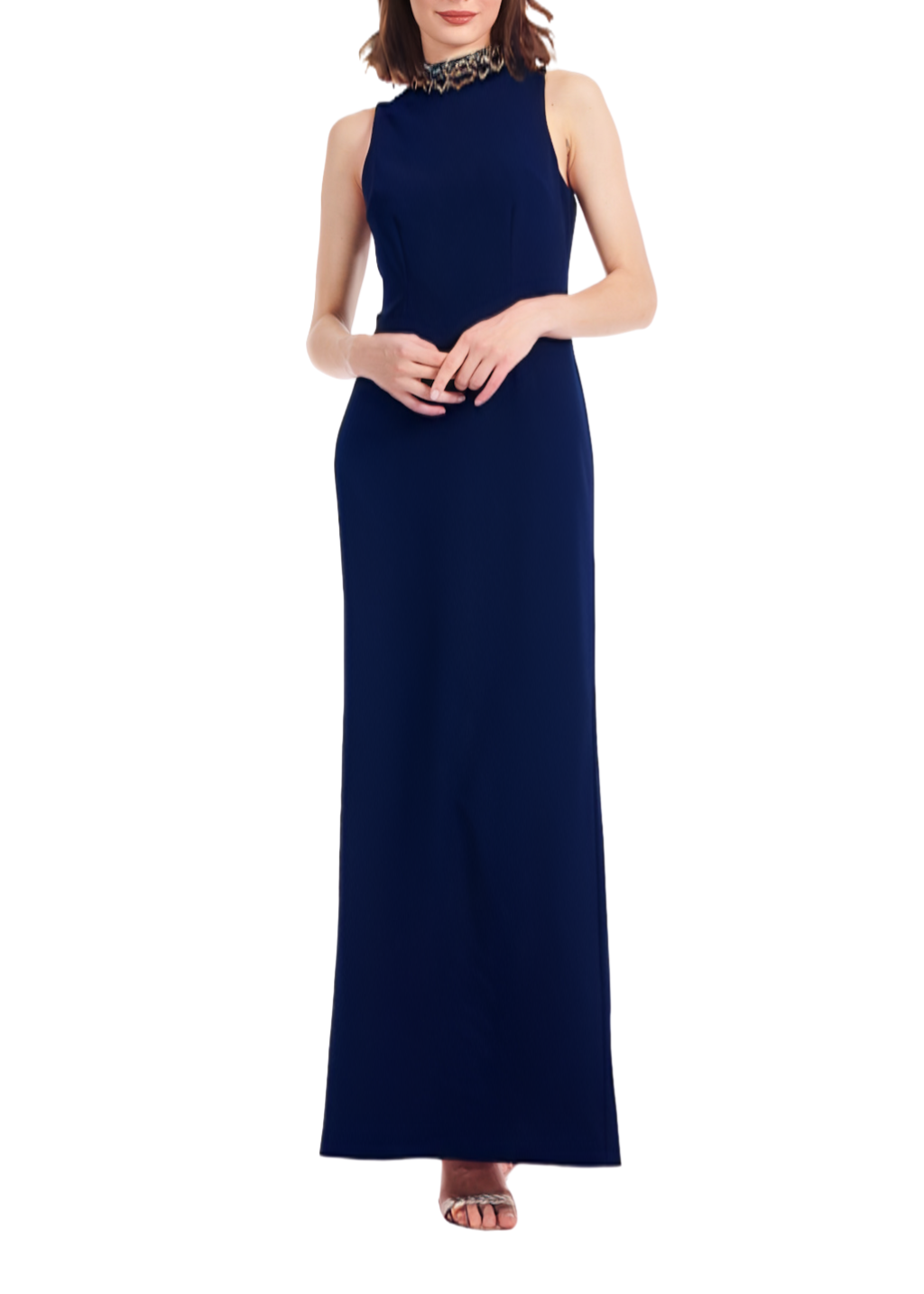 Mock Neck Crepe Gown with Art Deco Jewels in Navy