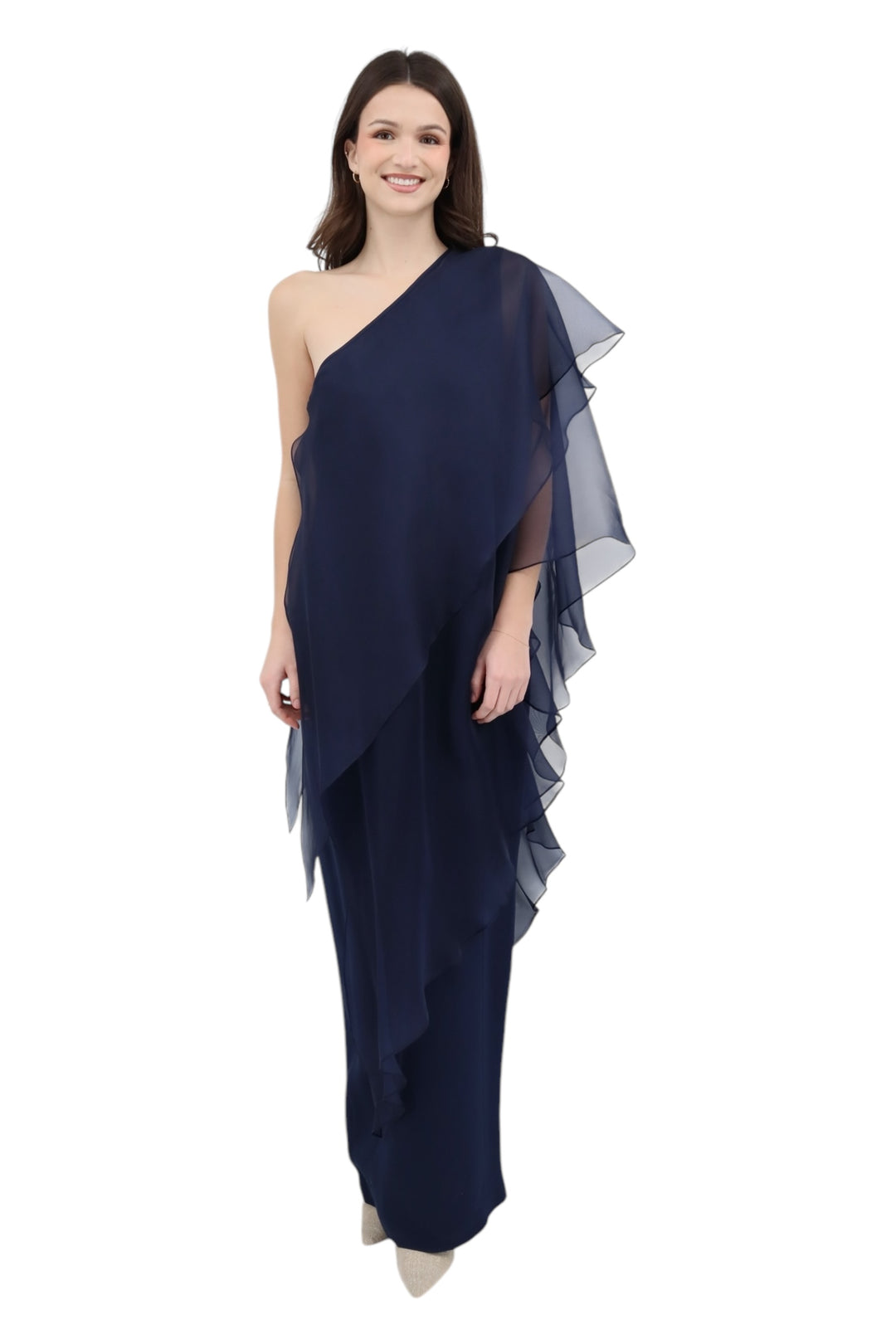 open lace back dress Rosina Long Metallic Organza Tiered One-Shoulder Dress