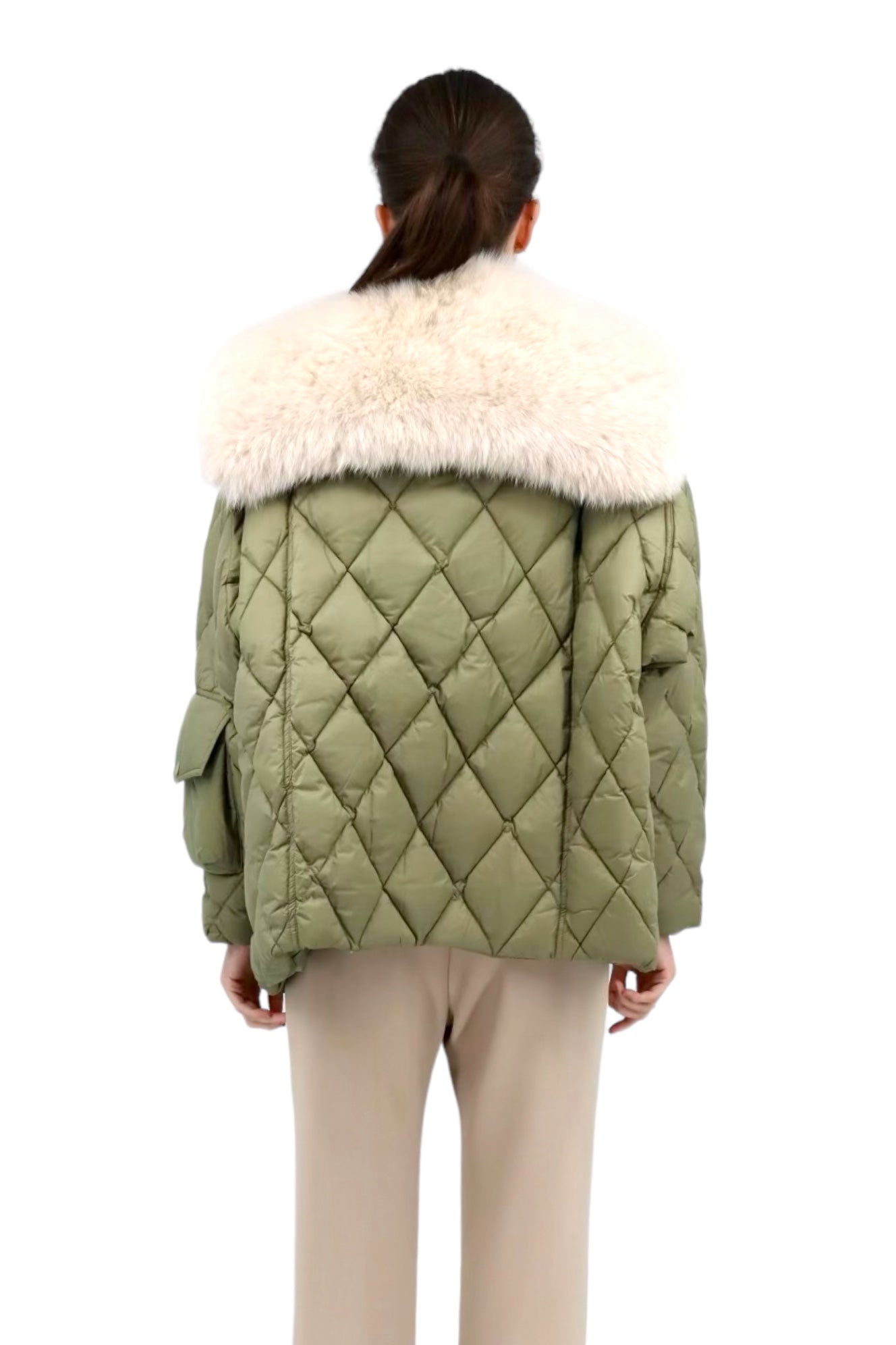 Short Down Jacket with Sailor Collar in Army/Cream Fur