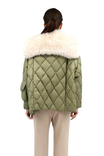 Short Down Jacket with Sailor Collar in Army/Cream Fur