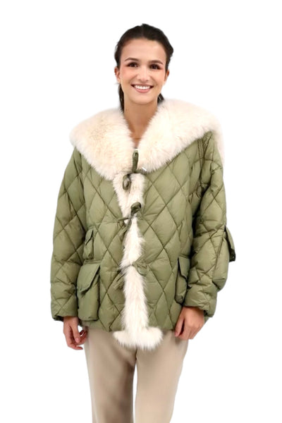 Short Down Jacket with Sailor Collar in Army/Cream Fur