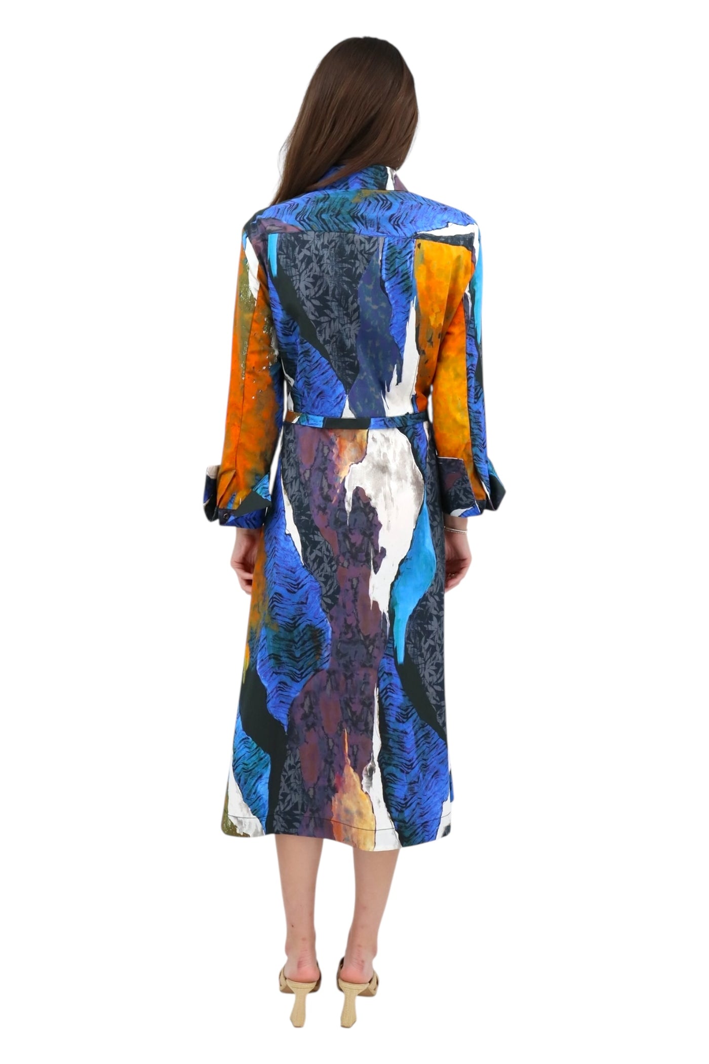 Long Sleeve Button Down Printed Dress in Cobalt Multi