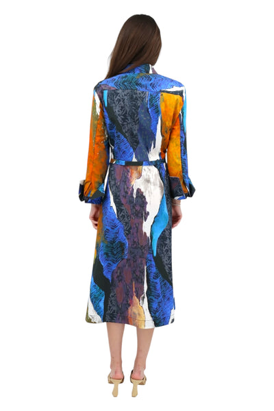 Long Sleeve Button Down Printed Dress in Cobalt Multi