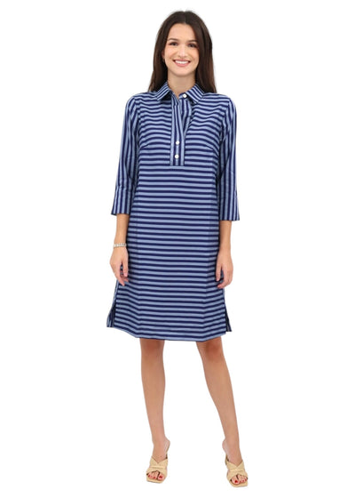 Aileen 3/4 Sleeve Stripe Dress in French Grey/Midnight