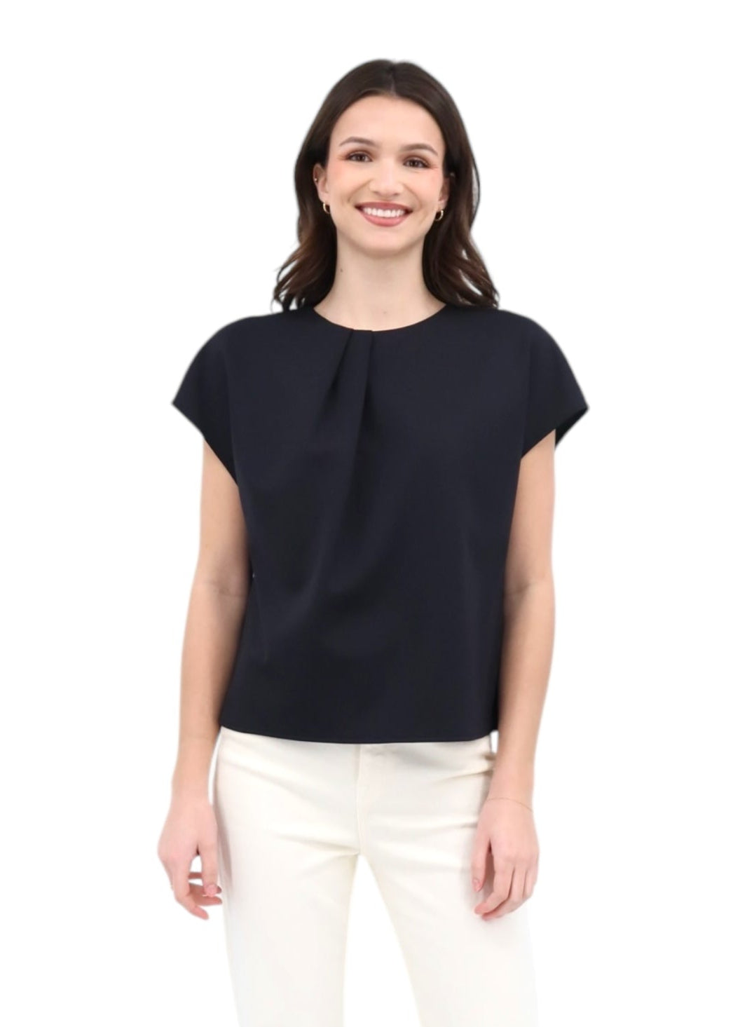 Cap Sleeve Pleated Neckline Top in Black