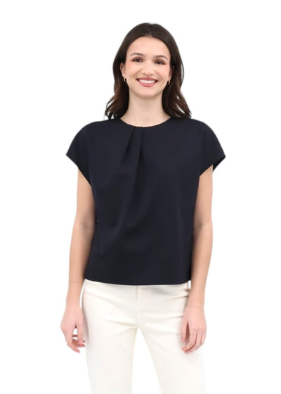 Cap Sleeve Pleated Neckline Top in Black