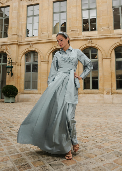 Double Wrap Taffeta Ballgown in Light Blue