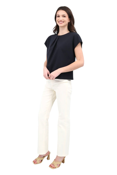 Cap Sleeve Pleated Neckline Top in Black