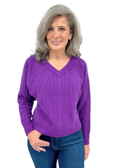 Diagonal Cable V-Neck Sweater in Violet