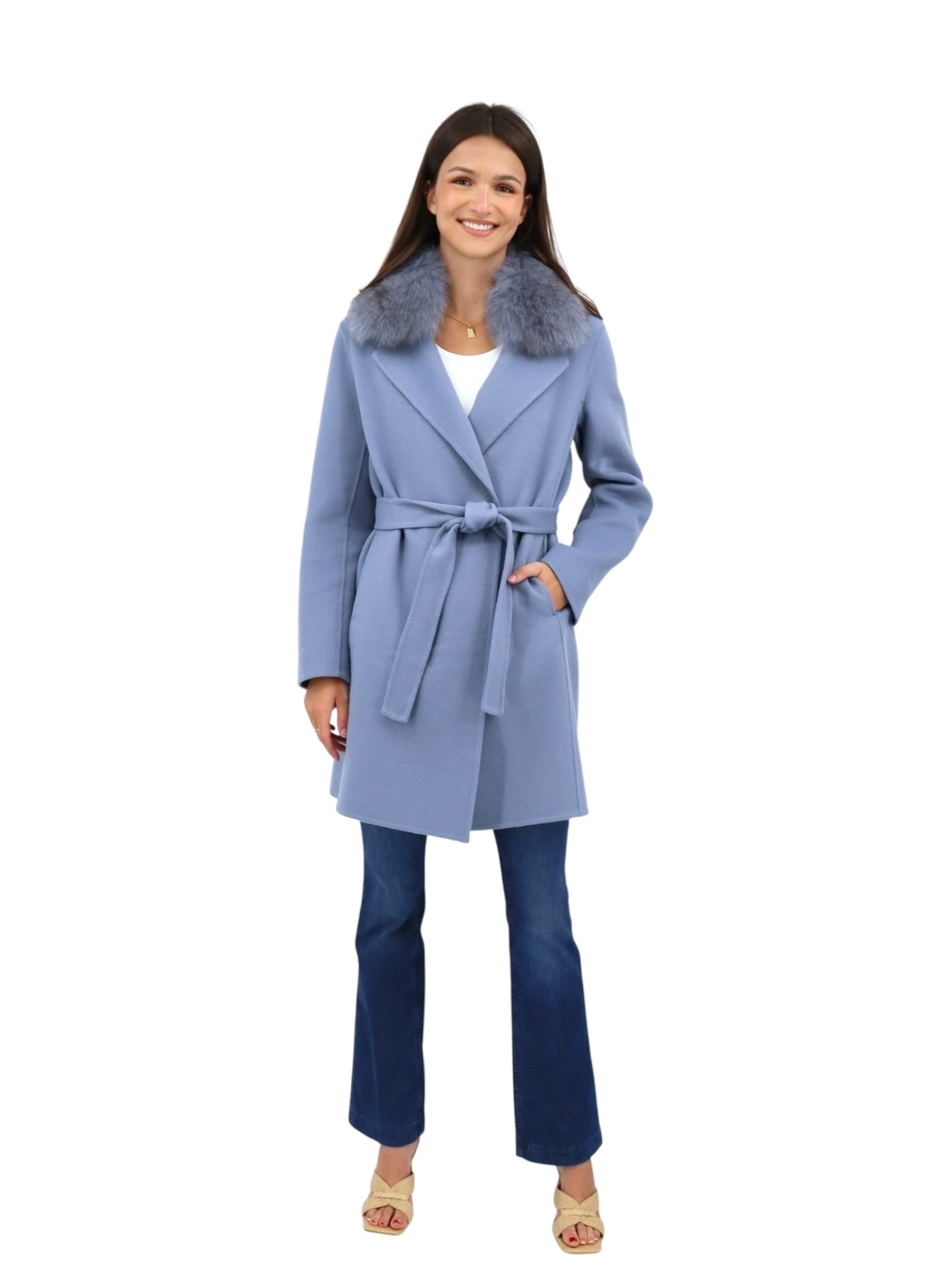Fur Collar Wrap Coat in Slate