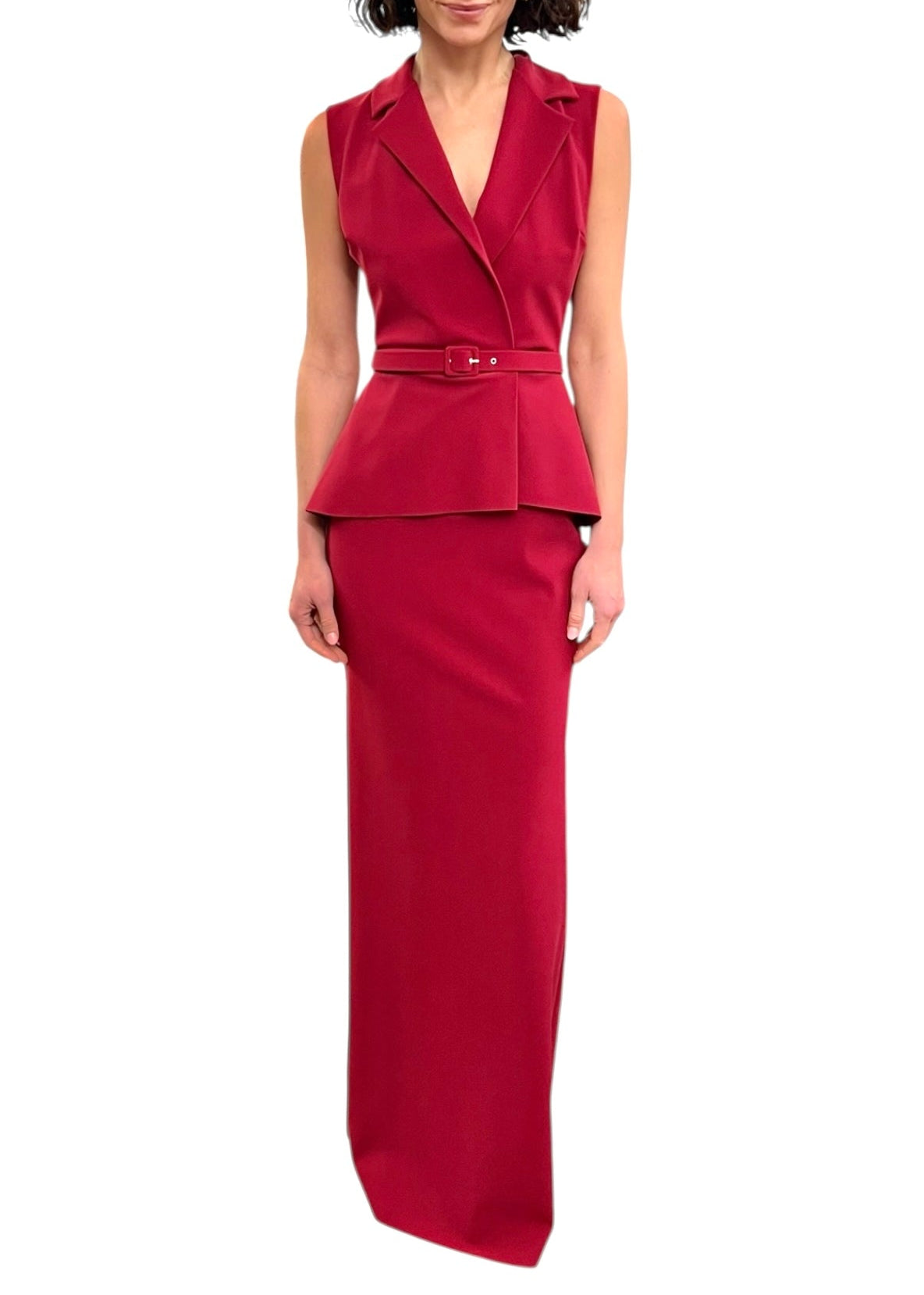 Thadira Belted Peplum Column Gown in Garnet – Carl Meyers
