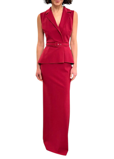 Thadira Belted Peplum Column Gown in Garnet