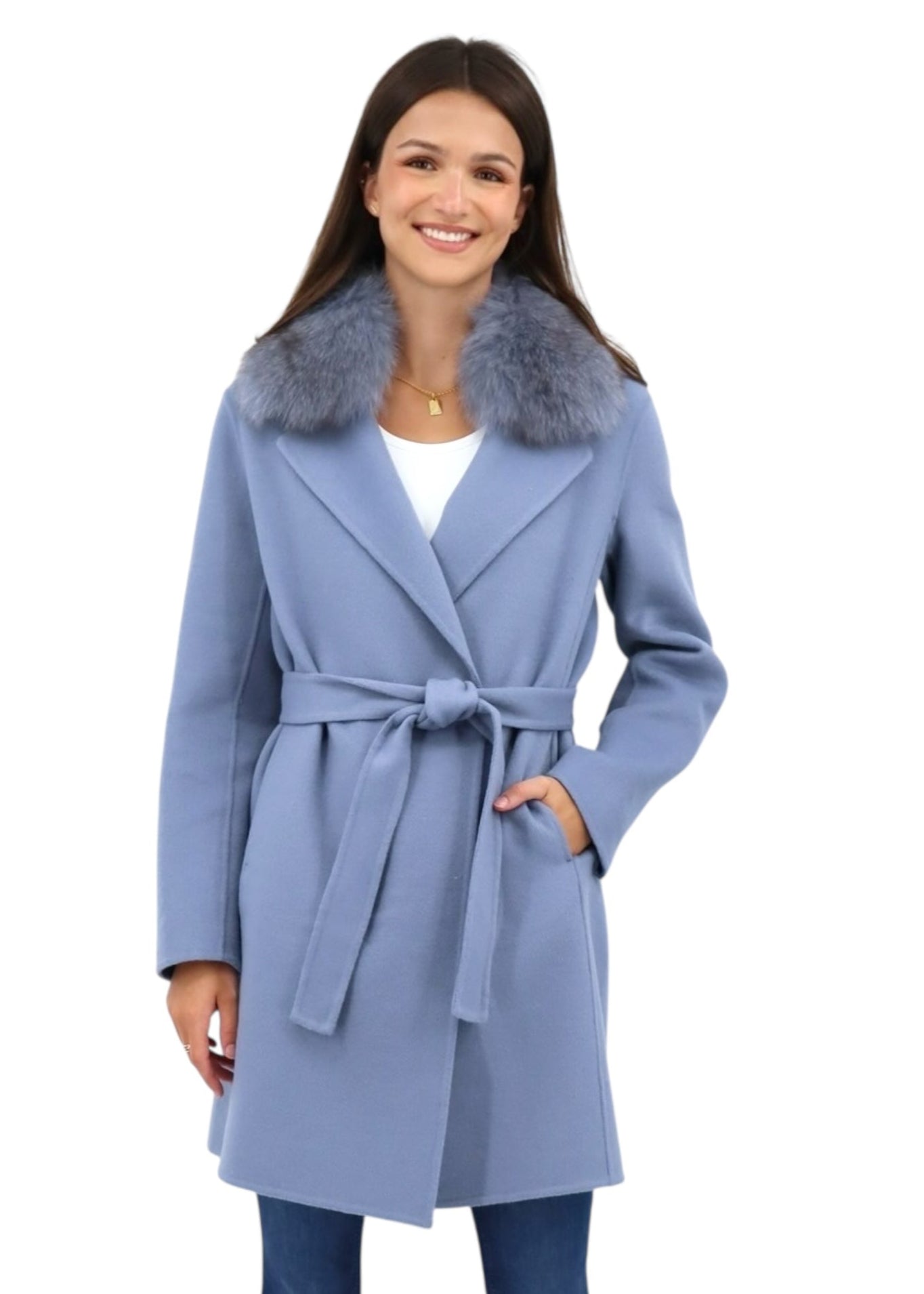 Fur Collar Wrap Coat in Slate