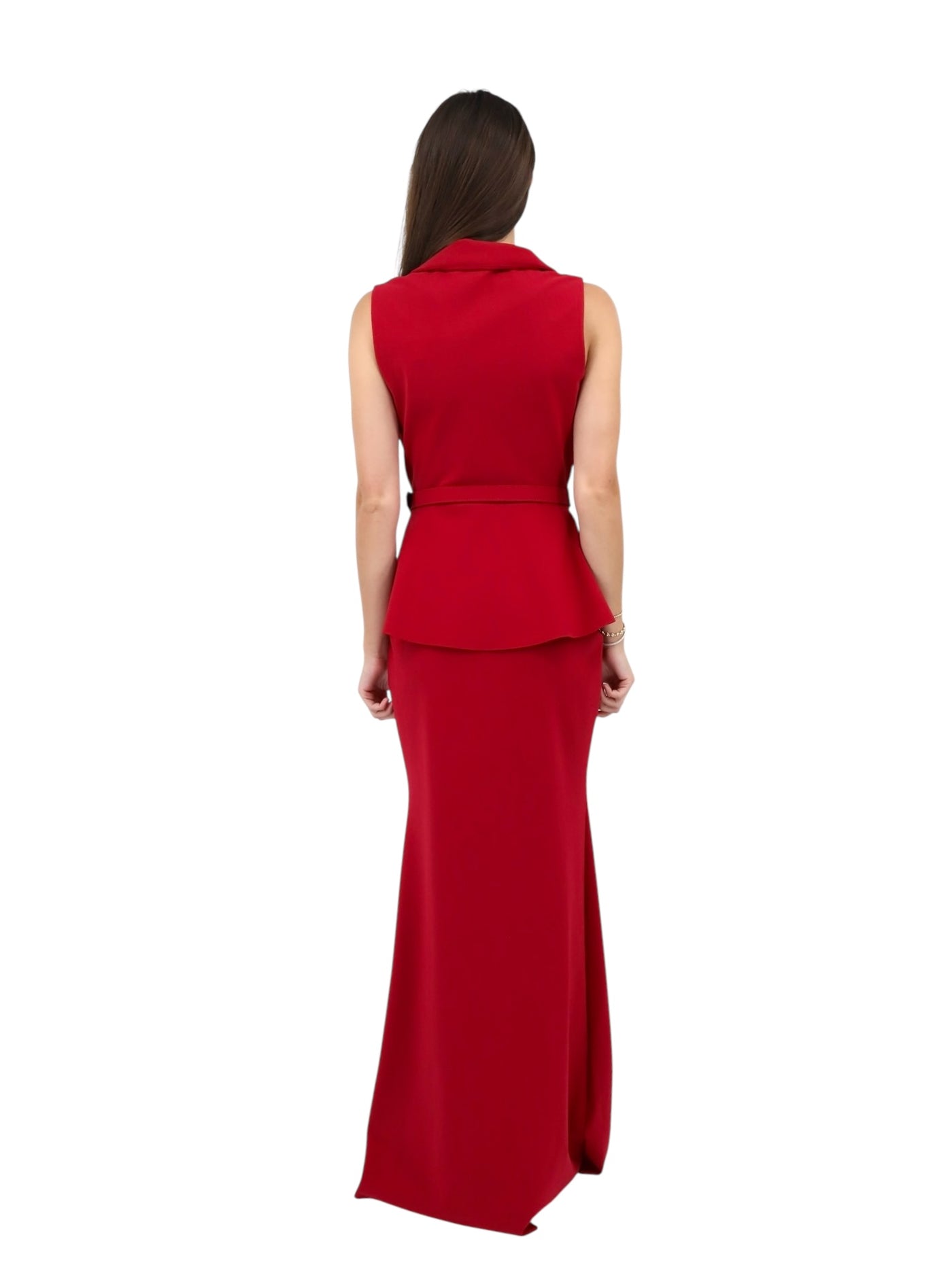 Thadira Belted Peplum Column Gown in Garnet