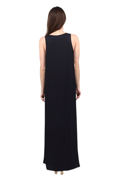 Sleeveless Trapeze Gown in Black with green/navy swirls