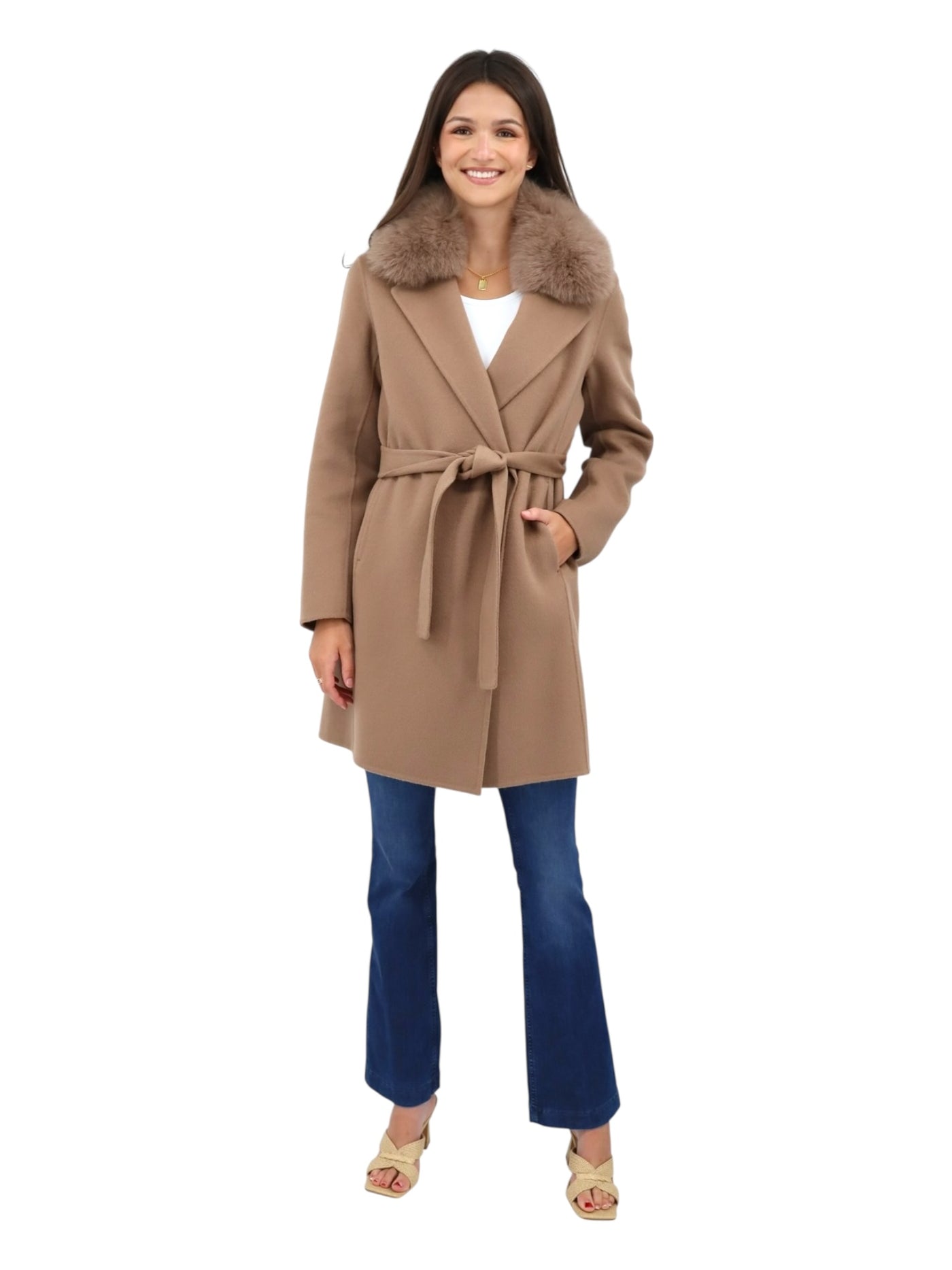 Fur Collar Wrap Coat in Warm Taupe