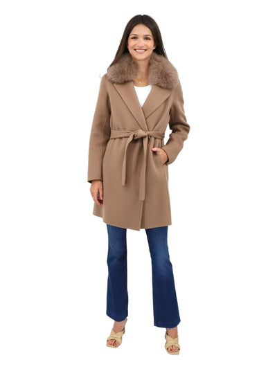 Fur Collar Wrap Coat in Warm Taupe