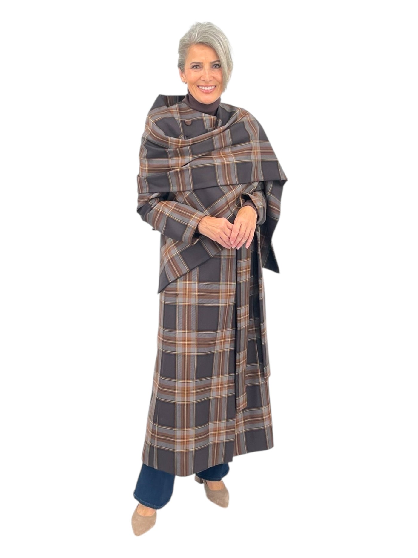 Plaid Coat With Scarf in Mocca Tartan