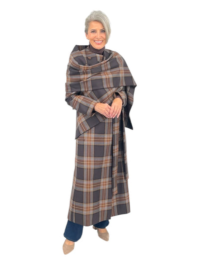 Plaid Coat With Scarf in Mocca Tartan