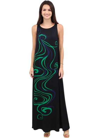 Sleeveless Trapeze Gown in Black with green/navy swirls