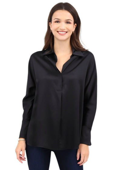 Silk Half Button Blouse in Black