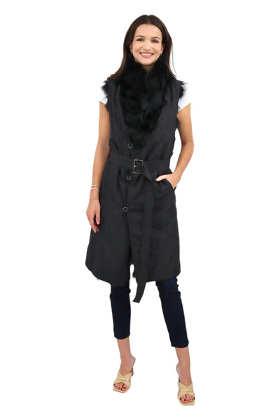 Reversible Fox/Silk Belted Long Vest in Black