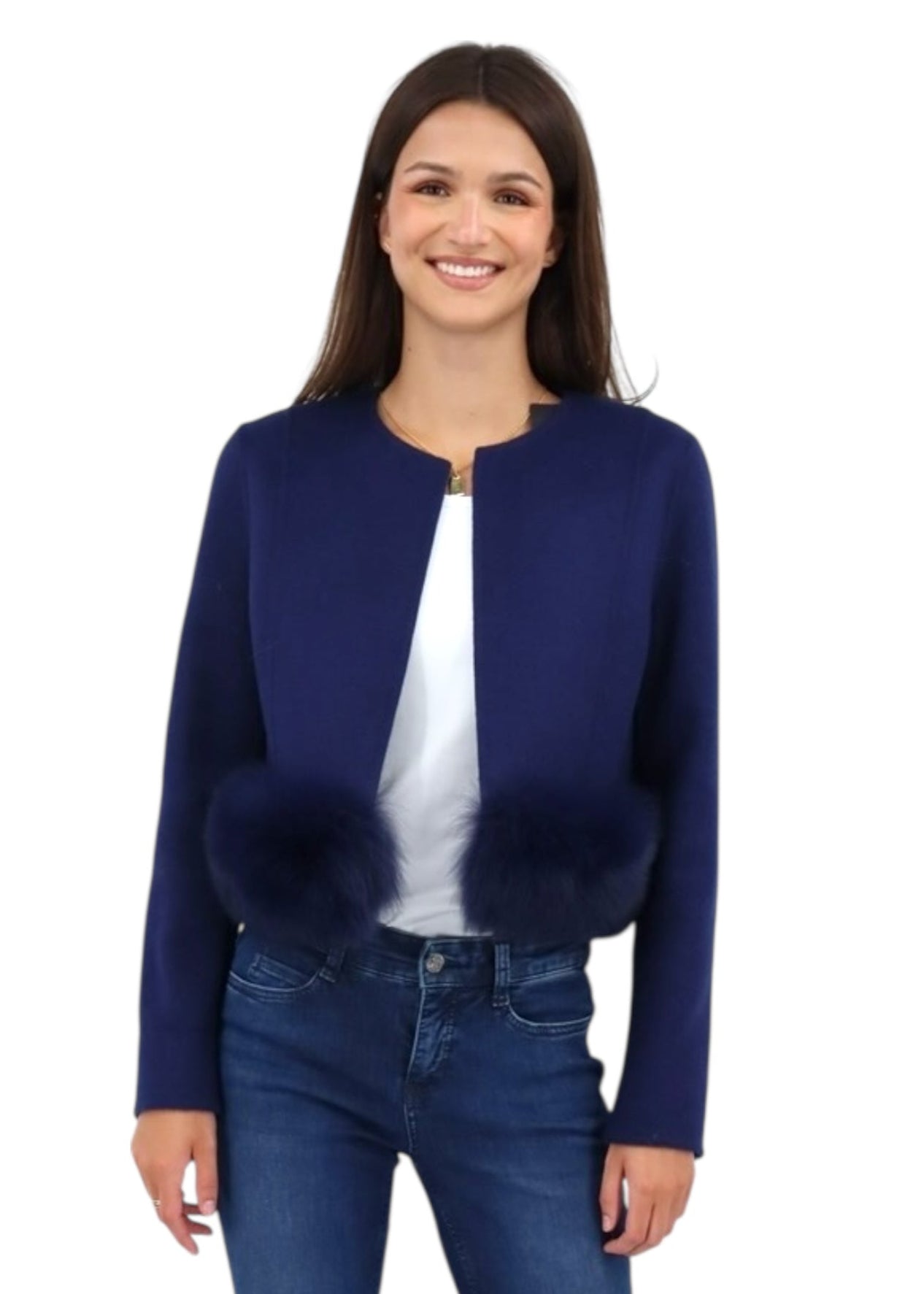 Cropped Wool Jacket with Fur in Sapphire