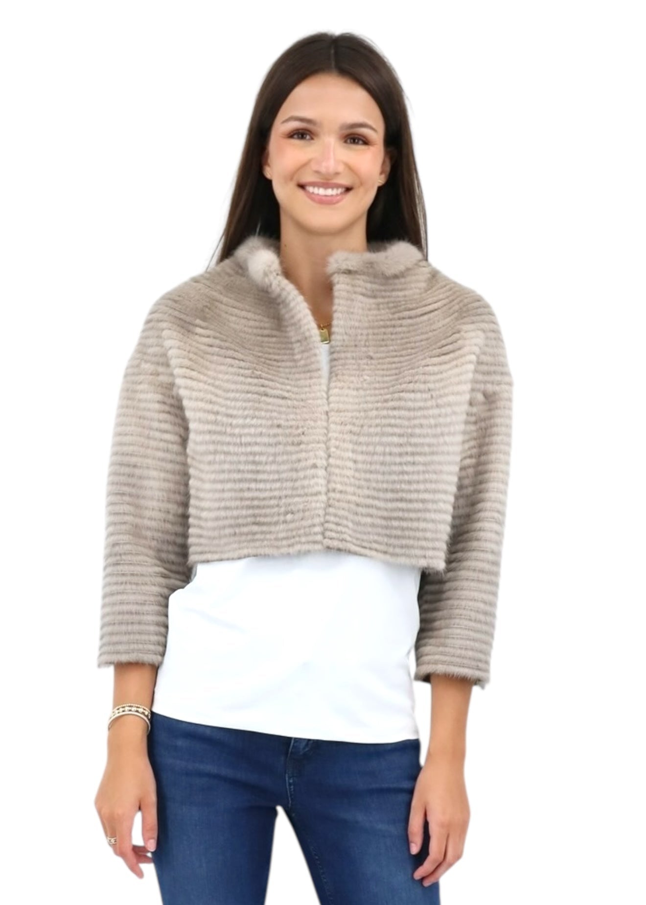 Feathered Mink & Rabbit Short Bolero in Blue Iris