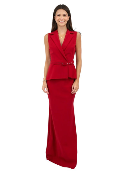 Thadira Belted Peplum Column Gown in Garnet