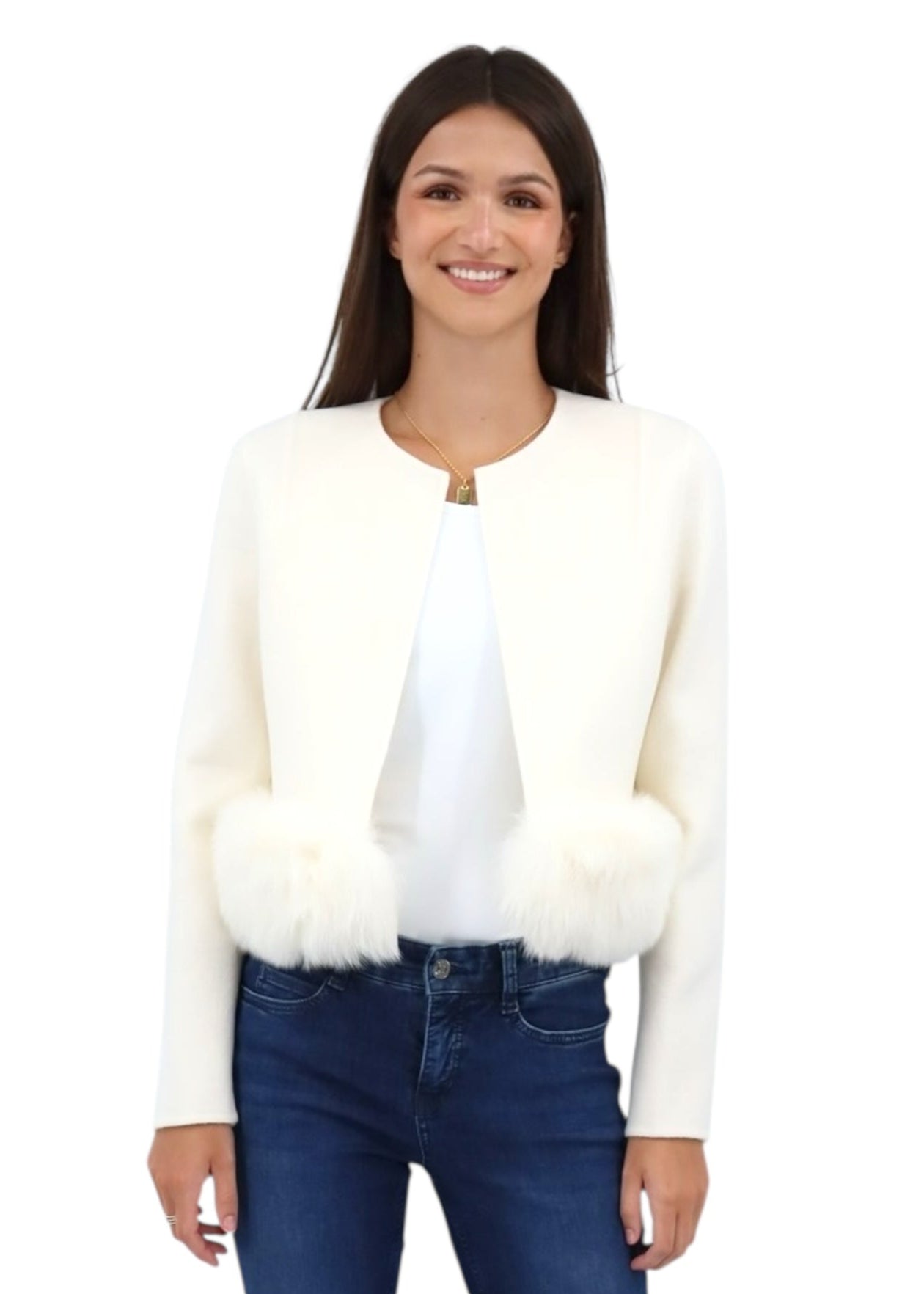 Cropped Wool Jacket with Fur in Ivory