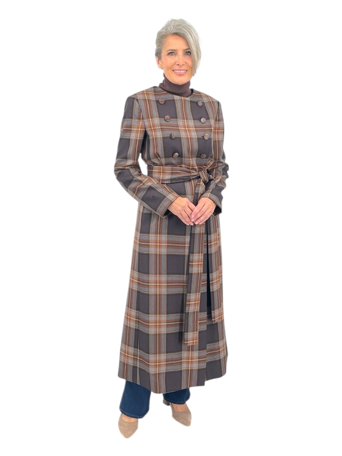 Plaid Coat With Scarf in Mocca Tartan