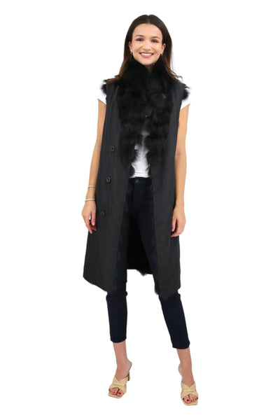 Reversible Fox/Silk Belted Long Vest in Black