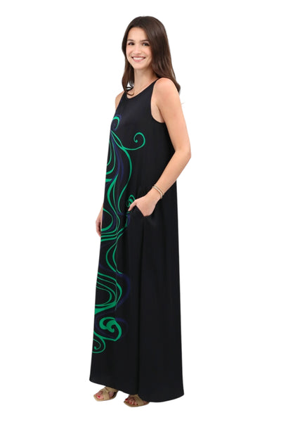 Sleeveless Trapeze Gown in Black with green/navy swirls