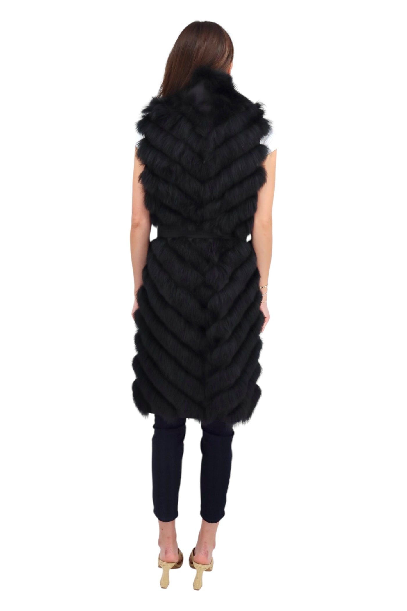 Reversible Fox/Silk Belted Long Vest in Black