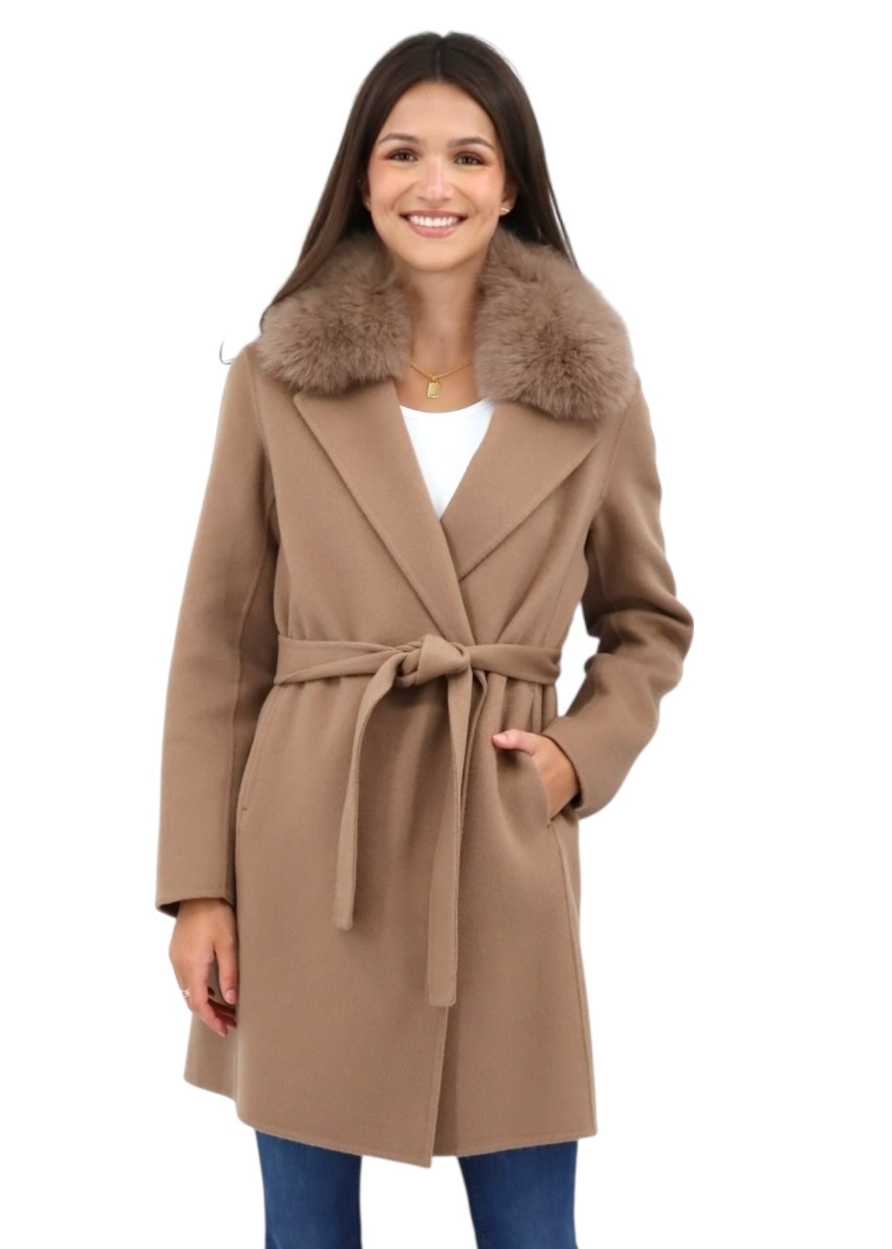 Fur Collar Wrap Coat in Warm Taupe