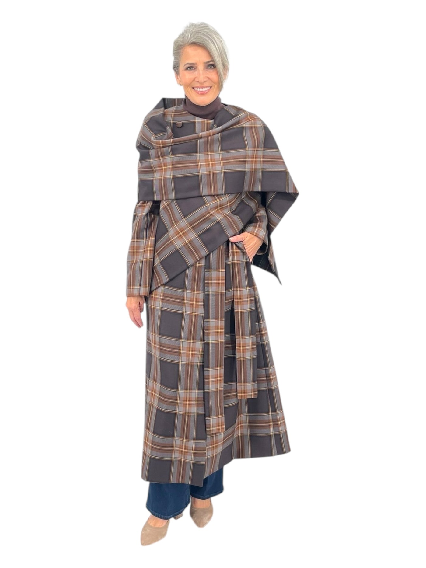 Plaid Coat With Scarf in Mocca Tartan