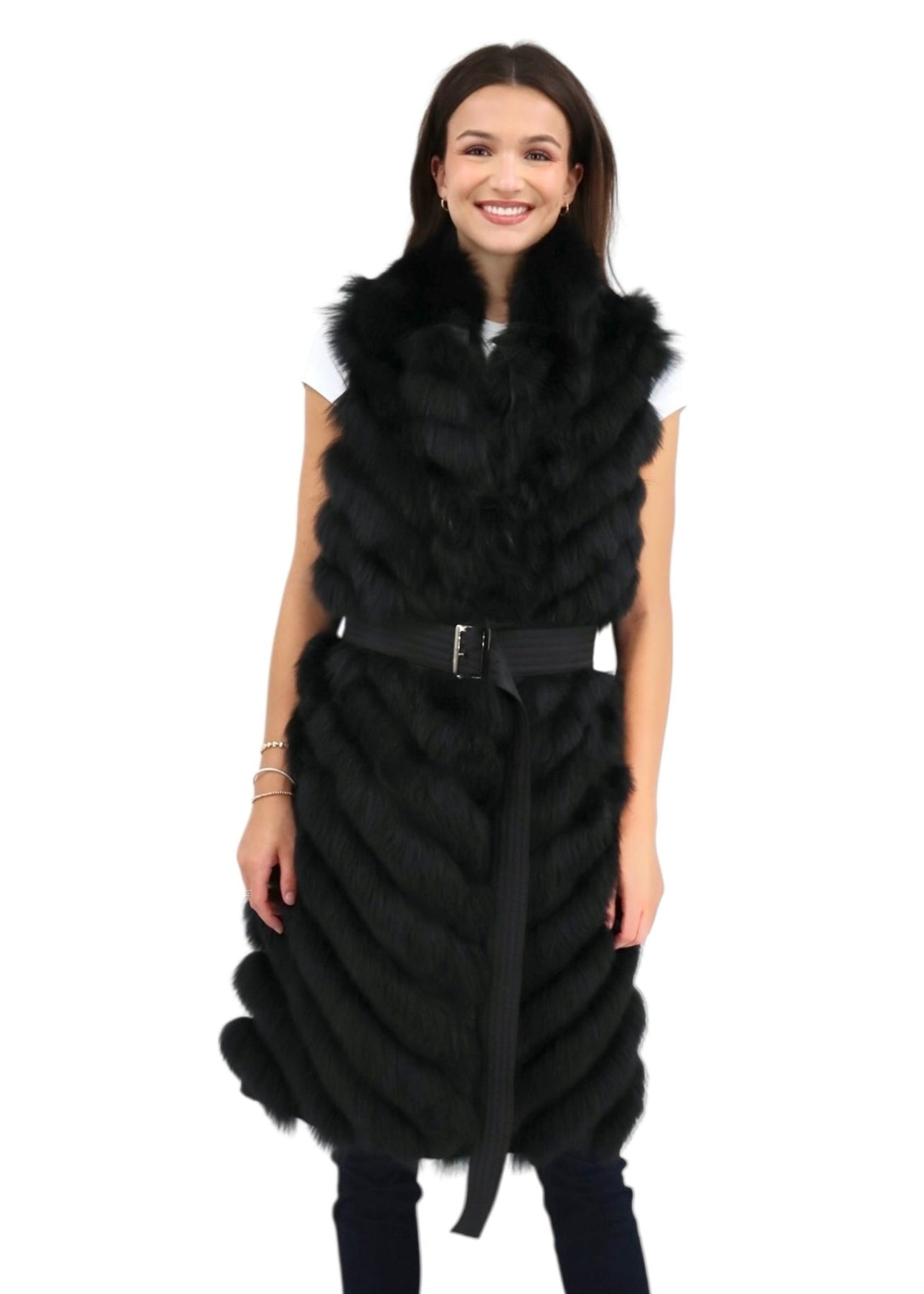 Reversible Fox/Silk Belted Long Vest in Black